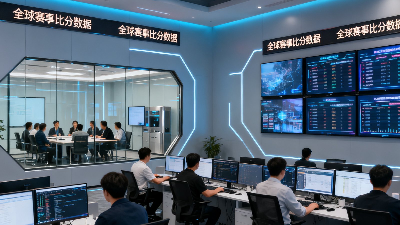 体球网北京总部办公场景，开放式办公区内数十名员工专注于电脑屏幕，墙上多块大屏实时滚动显示全球赛事比分数据，玻璃会议室内团队正在进行产品讨论，整体环境现代科技感十足